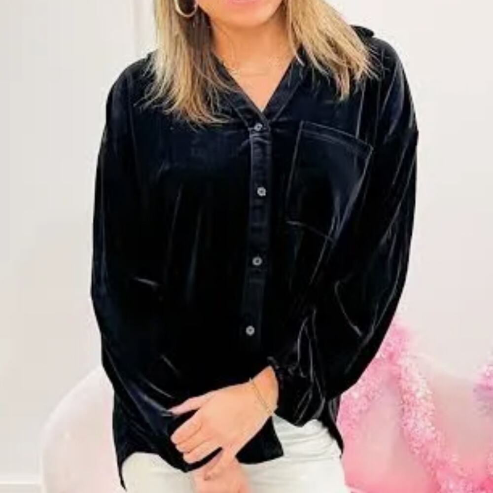 Jodifil Women's What Are the Odds Button Down Shirt Black Velvet Size Small